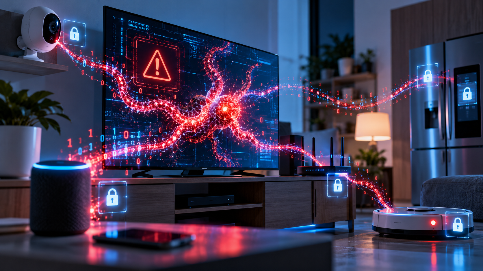 Televisor inteligente y dispositivos IoT conectados por una red digital con señales de alerta de ciberseguridad.