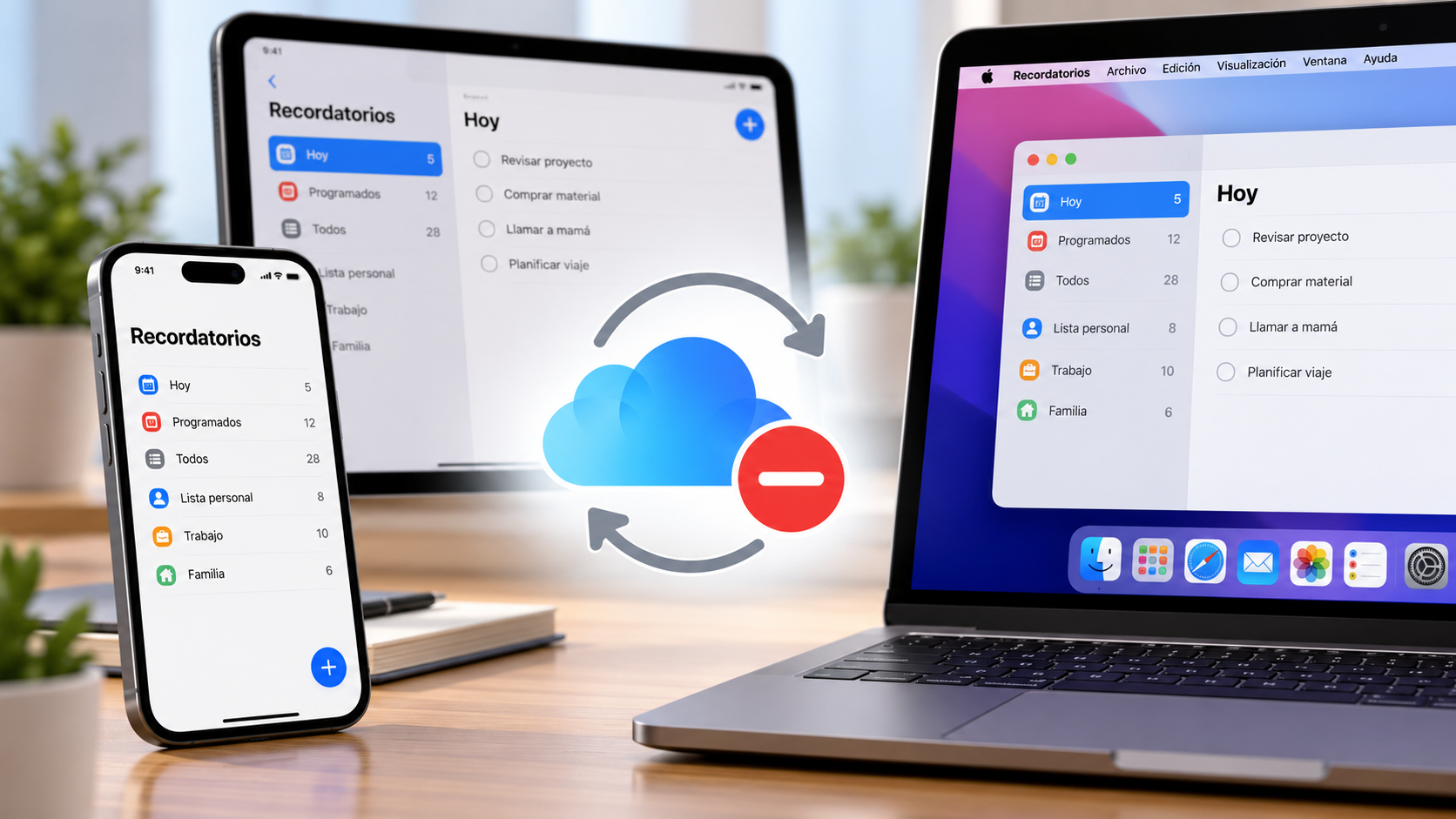 iPhone, iPad y Mac mostrando Recordatorios con la sincronización desactivada.