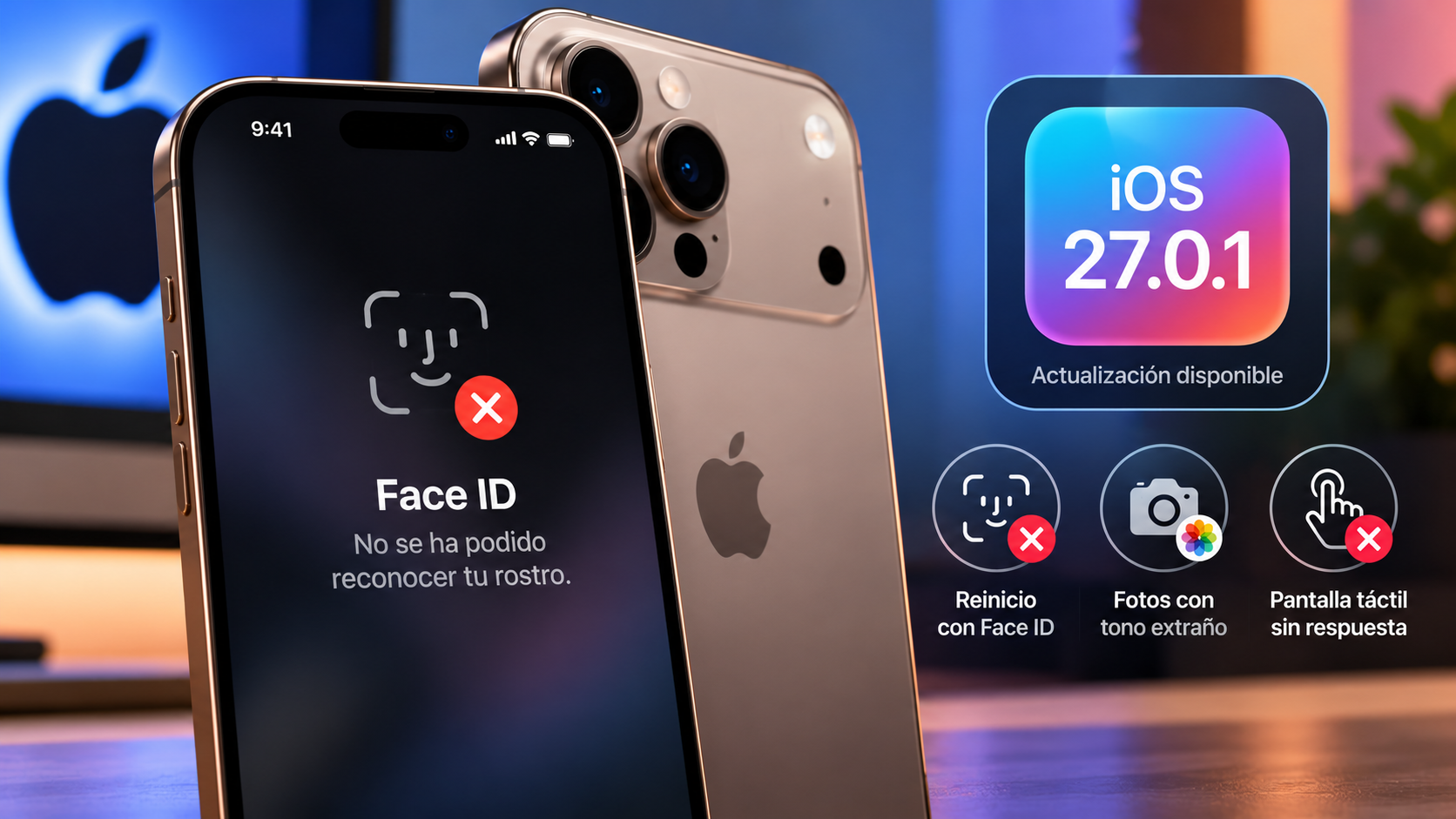 iPhone con un error de reconocimiento de Face ID junto a la actualización de iOS 27.0.1.