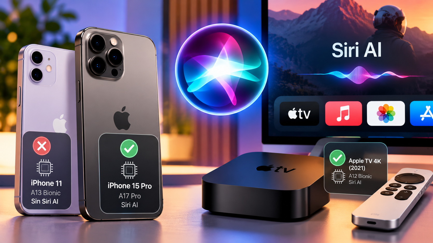 Comparativa de compatibilidad de Siri AI entre iPhone antiguos, iPhone 15 Pro y Apple TV 4K.